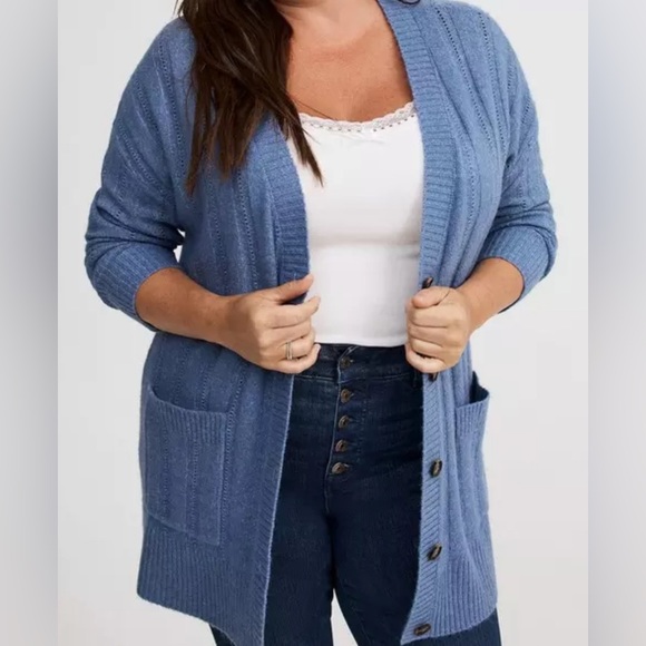 #x868 - Torrid Vegan Cashmere V-Neck Boyfriend Cardigan Sweater Dusty Blue - Picture 2 of 14